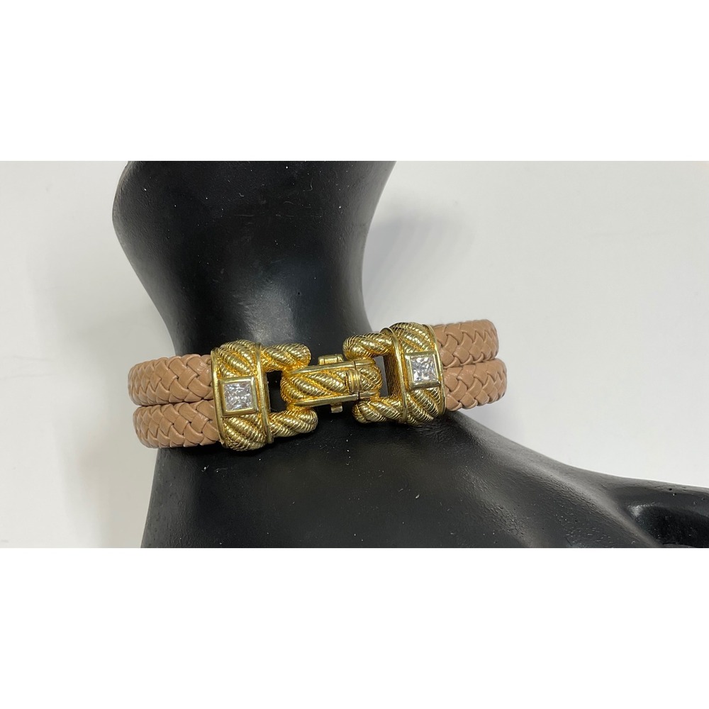 Judith Ripka Braided Tan Leather Double Strand Bracelet Gold CZ Clasp Equestrian